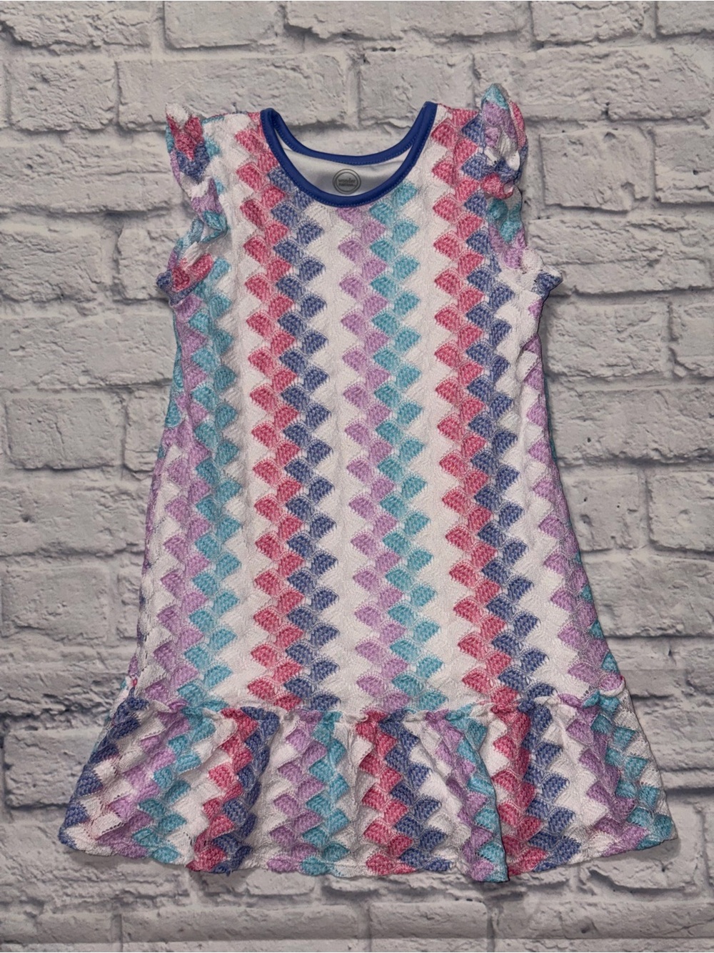 Girls Multicolor Chevron Ruffle Hem Dress with Blue Trim